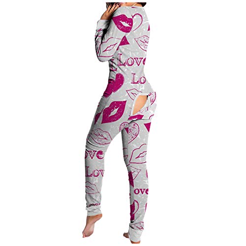 Einteiler Schlafanzug für Damen Baumwolle Hausanzug Nachtwäsche Sexy Jumpsuit Mit Geknöpfte Klappe Frühling und Winter Strampelhöschen Body mit Po-Klappe Langarm Eng Strampler Pyjama für Weiblich von Modaworld