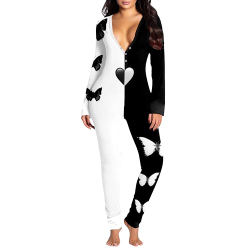 Einteiler Schlafanzug für Damen Baumwolle Hausanzug Nachtwäsche Sexy Jumpsuit Mit Geknöpfte Klappe Frühling und Winter Strampelhöschen Body mit Po-Klappe Langarm Eng Strampler Pyjama für Weiblich von Modaworld