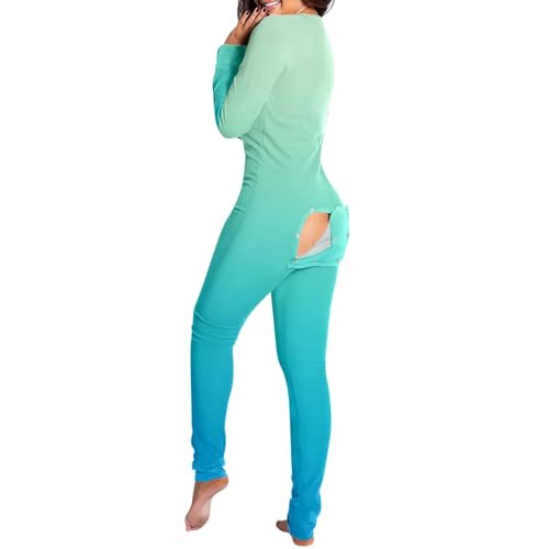 Einteiler Schlafanzug für Damen Baumwolle Hausanzug Nachtwäsche Sexy Jumpsuit Mit Geknöpfte Klappe Frühling und Winter Strampelhöschen Body mit Po-Klappe Langarm Eng Strampler Pyjama für Weiblich von Modaworld