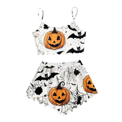 Halloween Schlafanzug Damen Kurz Spaghetti Pyjama Set mit Blutiges Bedrucktes Kuschelig Hausanzug Luftige Leicht 2 Teiler Loungewear Nachtwäsche von Modaworld