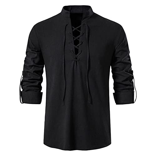 Herren Leinenhemd Langarm Schnürbluse V-Ausschnitt Vintage Krawatte Gothic T-Shirt Oberteile Modisches Männer Hemden Mode Einfarbig Freizeithemden Entspannte Passform Hemden für Männer von Modaworld