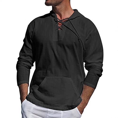 Herren Leinenhemd mit Kapuze Henley Shirt Hemd Kurzarm Sommer Freizeithemd Oberteile Modisches Regular Fit Männer Tops Leinenshirt Regular Fit Freizeithemd mit Kordelzug von Modaworld