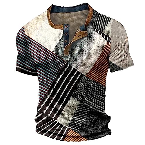 Herren Tshirts Vintage 3D Drucken T-Shirt Henley-Shirt lässige Kurzarm V-Ausschnitt Tshirts Kurze Ärmel,Sommer Blusen Tops zuknöpfen Kurze Shirts Ärmel Mode Bluse Sportshirt von Modaworld