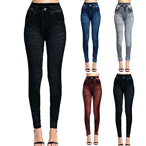 Leggings Damen Jeansoptik Hohe Taillen Leggings Mode Shaping Leggins Dehnbar Formende Treggings Streetwear Hosen von Modaworld
