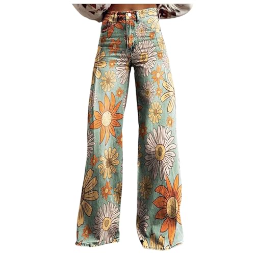 Modaworld Bequeme Jeans Damen High Waist Schlaghose mit Blumenmuster Freizeithose Baggy Jeans Damen Stretch Bootcut Jeanshose Freizeithose Schlaghose Jeans mit Blumendruck und Kunstdruck von Modaworld