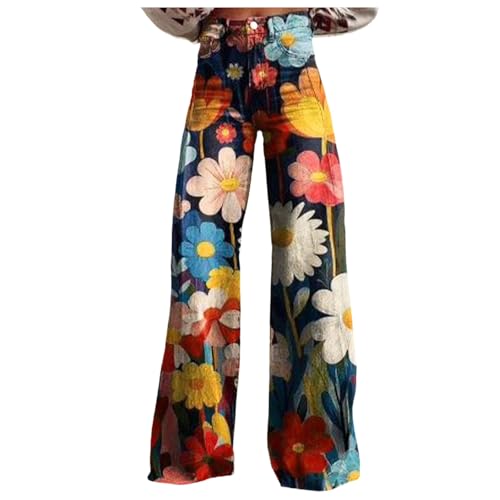 Modaworld Bequeme Jeans Damen High Waist Schlaghose mit Blumenmuster Freizeithose Baggy Jeans Damen Stretch Bootcut Jeanshose Freizeithose Schlaghose Jeans mit Blumendruck und Kunstdruck von Modaworld
