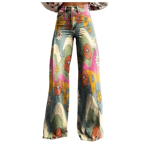 Modaworld Bequeme Jeans Damen High Waist Schlaghose mit Blumenmuster Freizeithose Baggy Jeans Damen Stretch Bootcut Jeanshose Freizeithose Schlaghose Jeans mit Blumendruck und Kunstdruck von Modaworld
