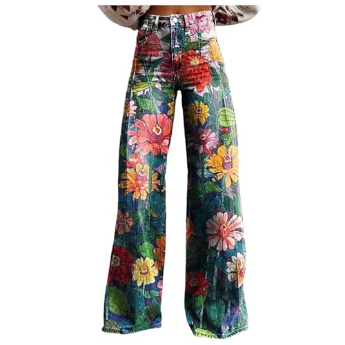 Modaworld Bequeme Jeans Damen High Waist Schlaghose mit Blumenmuster Freizeithose Baggy Jeans Damen Stretch Bootcut Jeanshose Freizeithose Schlaghose Jeans mit Blumendruck und Kunstdruck von Modaworld