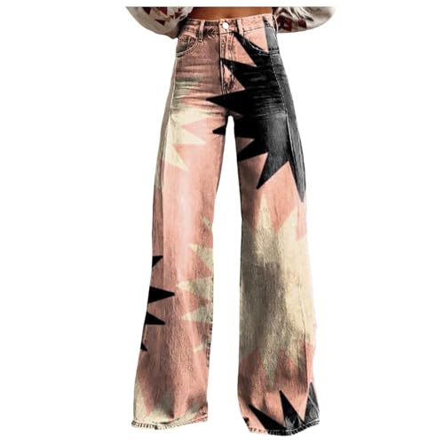 Modaworld Bequeme Jeans Damen High Waist Schlaghose mit Blumenmuster Freizeithose Baggy Jeans Damen Stretch Bootcut Jeanshose Freizeithose Schlaghose Jeans mit Blumendruck und Kunstdruck von Modaworld