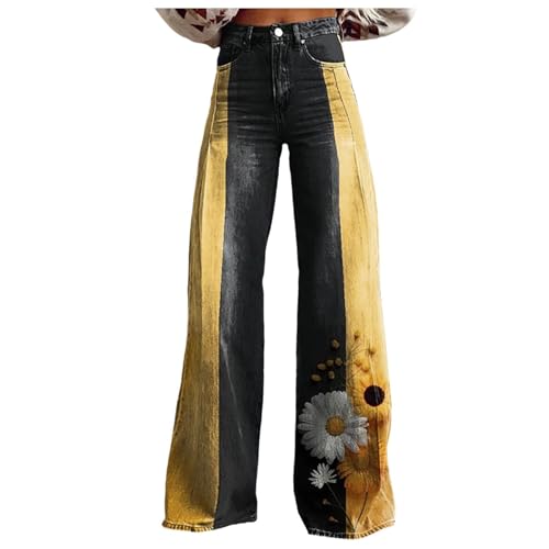Modaworld Bequeme Jeans Damen High Waist Schlaghose mit Blumenmuster Freizeithose Baggy Jeans Damen Stretch Bootcut Jeanshose Freizeithose Schlaghose Jeans mit Blumendruck und Kunstdruck von Modaworld