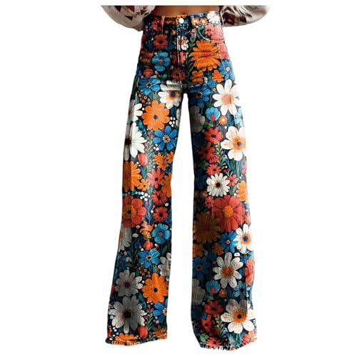 Modaworld Bequeme Jeans Damen High Waist Schlaghose mit Blumenmuster Freizeithose Baggy Jeans Damen Stretch Bootcut Jeanshose Freizeithose Schlaghose Jeans mit Blumendruck und Kunstdruck von Modaworld