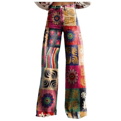 Modaworld Bequeme Jeans Damen High Waist Schlaghose mit Blumenmuster Freizeithose Baggy Jeans Damen Stretch Bootcut Jeanshose Freizeithose Schlaghose Jeans mit Blumendruck und Kunstdruck von Modaworld