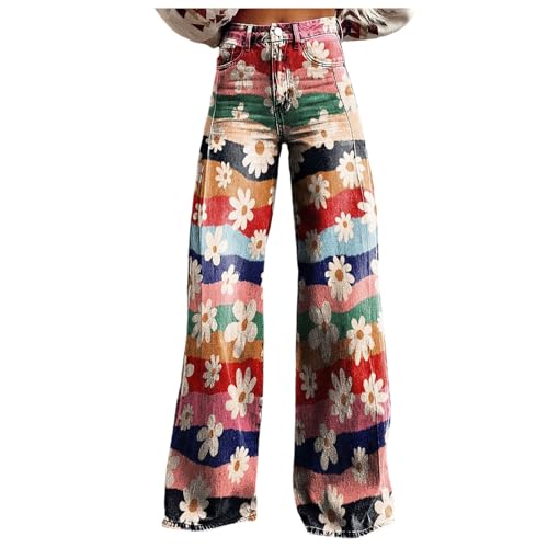 Modaworld Bequeme Jeans Damen High Waist Schlaghose mit Blumenmuster Freizeithose Baggy Jeans Damen Stretch Bootcut Jeanshose Freizeithose Schlaghose Jeans mit Blumendruck und Kunstdruck von Modaworld