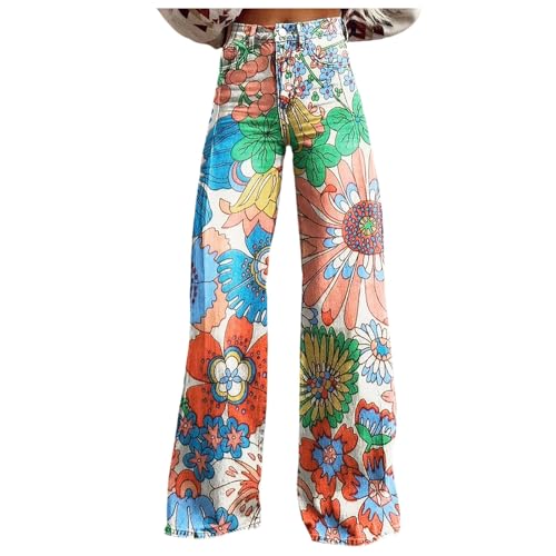 Modaworld Bequeme Jeans Damen High Waist Schlaghose mit Blumenmuster Freizeithose Baggy Jeans Damen Stretch Bootcut Jeanshose Freizeithose Schlaghose Jeans mit Blumendruck und Kunstdruck von Modaworld