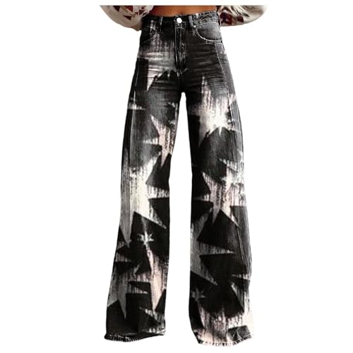 Modaworld Bequeme Jeans Damen High Waist Schlaghose mit Blumenmuster Freizeithose Baggy Jeans Damen Stretch Bootcut Jeanshose Freizeithose Schlaghose Jeans mit Blumendruck und Kunstdruck von Modaworld