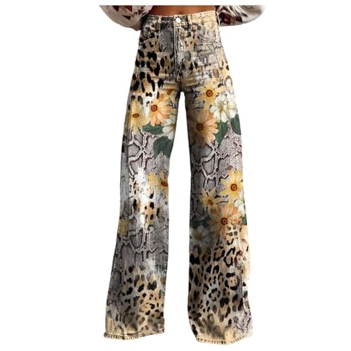 Modaworld Bequeme Jeans Damen High Waist Schlaghose mit Blumenmuster Freizeithose Baggy Jeans Damen Stretch Bootcut Jeanshose Freizeithose Schlaghose Jeans mit Blumendruck und Kunstdruck von Modaworld
