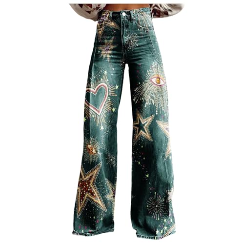 Modaworld Bequeme Jeans Damen High Waist Schlaghose mit Blumenmuster Freizeithose Baggy Jeans Damen Stretch Bootcut Jeanshose Freizeithose Schlaghose Jeans mit Blumendruck und Kunstdruck von Modaworld