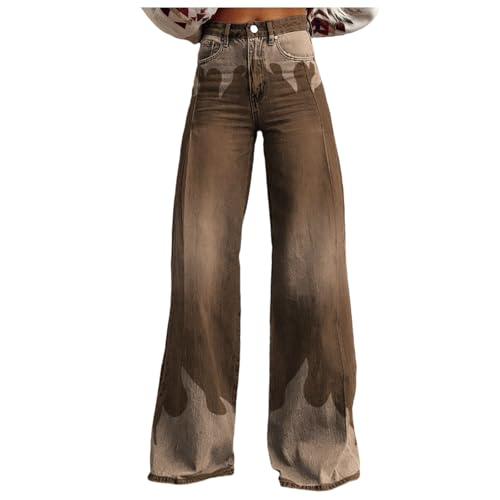 Modaworld Bequeme Jeans Damen High Waist Schlaghose mit Blumenmuster Freizeithose Baggy Jeans Damen Stretch Bootcut Jeanshose Freizeithose Schlaghose Jeans mit Blumendruck und Kunstdruck von Modaworld