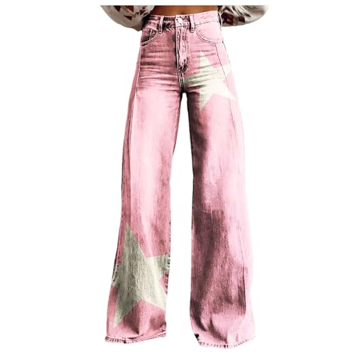 Modaworld Bequeme Jeans Damen High Waist Schlaghose mit Blumenmuster Freizeithose Baggy Jeans Damen Stretch Bootcut Jeanshose Freizeithose Schlaghose Jeans mit Blumendruck und Kunstdruck von Modaworld