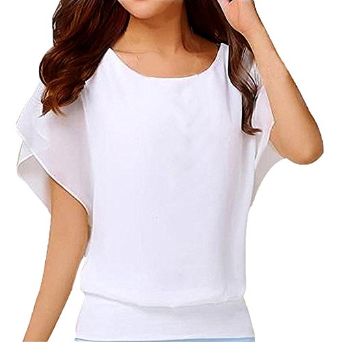 Modaworld Bluse Damen Tunika Fledermaus Batwing Bluse Chiffonbluse Fledermausärmel Kurzarm Rundhals mit breitem Bund Kurzarm T-Shirt Rundhals Stretch Oberteile von Modaworld