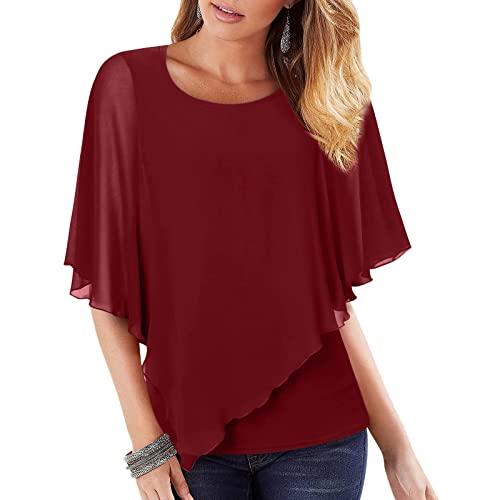 Modaworld Bluse Damen Tunika Fledermaus Batwing Bluse Chiffonbluse Fledermausärmel Kurzarm Rundhals mit breitem Bund Kurzarm T-Shirt Rundhals Stretch Oberteile von Modaworld