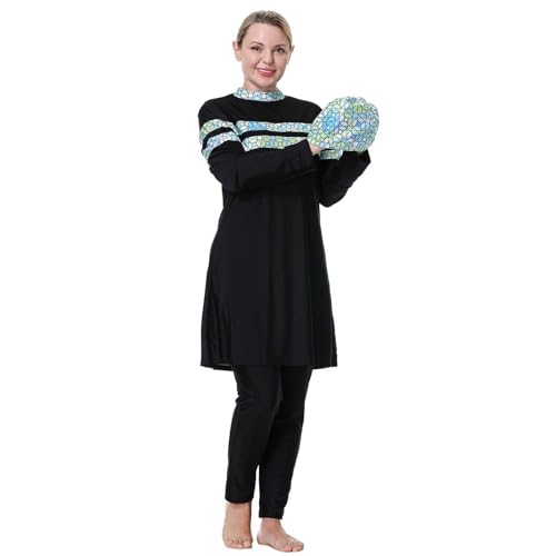 Modaworld Burkini Damen Muslim Langarm Lang Badeshirt+Badehose+Badekappe 3tlg Badeanzug Ganzkörper Bademode von Modaworld