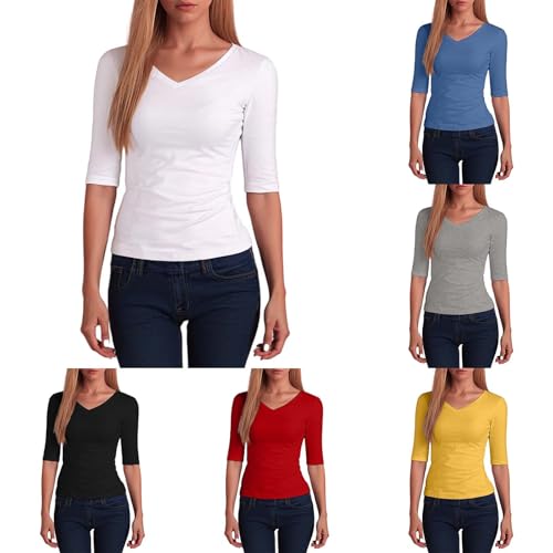 Damen Basic V-Ausschnitt T-Shirt Stretch Casual Baumwolle Tops Sommer Tunika V-Ausschnitt Pullover Slim Fit Tops von Modaworld