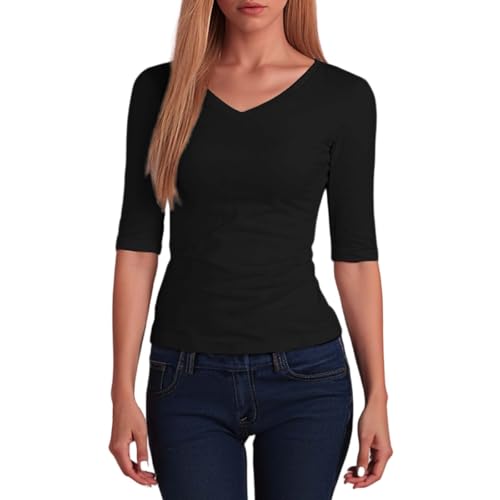 Damen Basic V-Ausschnitt T-Shirt Stretch Casual Baumwolle Tops Sommer Tunika V-Ausschnitt Pullover Slim Fit Tops von Modaworld
