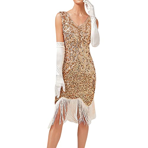 Modaworld Damen Flapper Kleid 20er Jahre Gold Pailettenkleider für Glitzer Kleid Party Kurz Kostüm Kleid DamenPailletten Retro 1920er Jahre Stil V-Ausschnitt Great Gatsby Damen Partykleid von Modaworld
