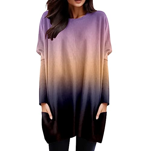 Modaworld Damen Lang Shirt Rundhals Lange Ärmel Oberteil Einfarbig T-Shirt Tunika Loose Casual Kurzarmshirt mit Tasche Elegant Pullover Sweatshirt Lässig Tops Rundkragen Oversize Longshirt von Modaworld