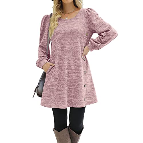 Modaworld Damen Pulloverkleid Winter Freizeitkleid Einfarbig Rundhals Langarm Herbstkleid Casual Elegante Minikleid Tunika Kleid mit Taschen und Knöpfe Shirtkleid Freizeitkleid von Modaworld