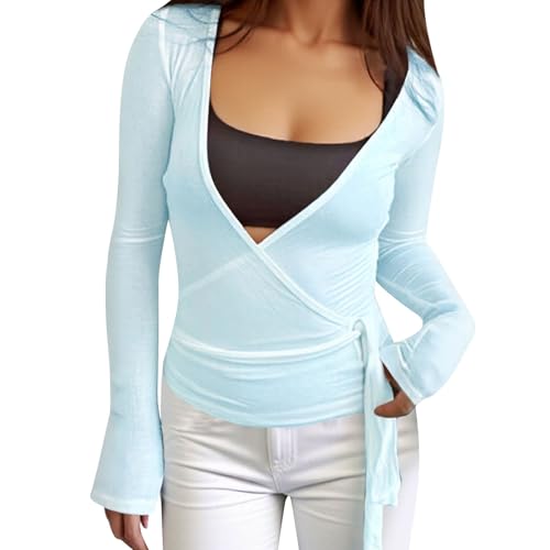 Modaworld Damen Y2k Ballett Wrap Top Langarm Tiefer V-Ausschnitt Slim Fit Yoga Pilates Ballet Workout Tops Frühling Kleidung von Modaworld