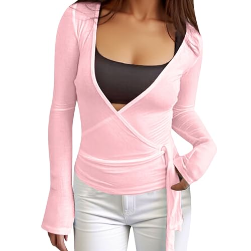 Modaworld Damen Y2k Ballett Wrap Top Langarm Tiefer V-Ausschnitt Slim Fit Yoga Pilates Ballet Workout Tops Frühling Kleidung von Modaworld
