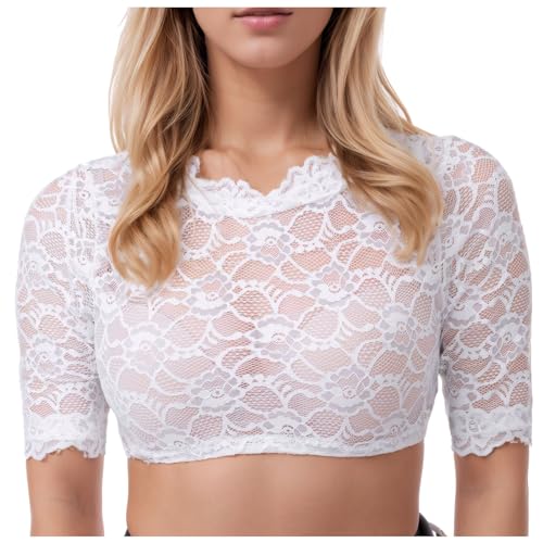Modaworld Dirndl Bluse Damen Dirndlbluse Spitze Trachtenbluse Kurzarm Weiß Hochgeschlossen Oktoberfest Bluse von Modaworld
