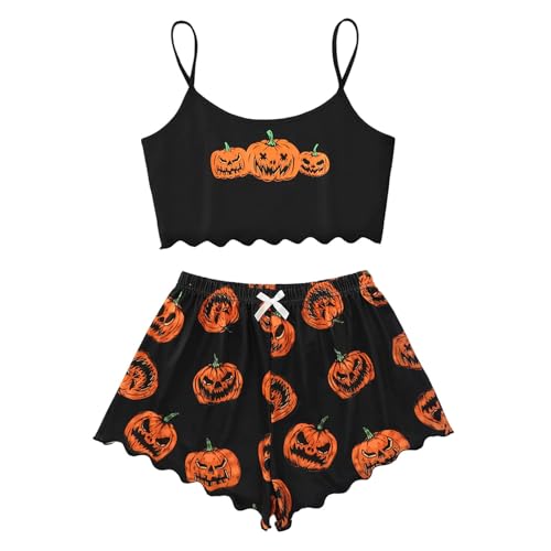 Modaworld Halloween Schlafanzug Damen Kurz Spaghetti Pyjama Set mit Blutiges Bedrucktes Sommer Kuschelig Hausanzug Luftige Leicht 2 Teiler Loungewear Nachtwäsche Lounge Set von Modaworld