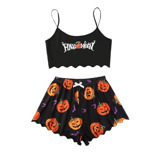 Halloween Schlafanzug Damen Kurz Spaghetti Pyjama Set mit Blutiges Bedrucktes Sommer Kuschelig Hausanzug Luftige Leicht 2 Teiler Loungewear Nachtwäsche Lounge Set von Modaworld