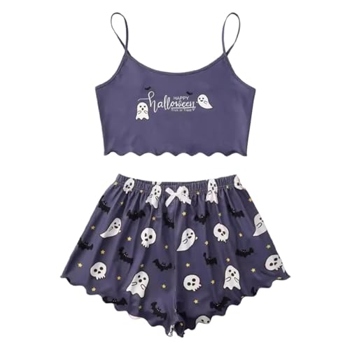 Halloween Schlafanzug Damen Kurz Spaghetti Pyjama Set mit Blutiges Bedrucktes Kuschelig Hausanzug Luftige Leicht 2 Teiler Loungewear Nachtwäsche von Modaworld