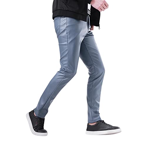 Modaworld Herren Lederhose Slim Fit Klassisch PU Faux Leder Biker Hose Mittlere Leibhöhe Schwarz Herrenhosen Bikerjeans Lederjeans Rockerhose Western Lederhose Lederhose an den Seiten Geschnürt von Modaworld