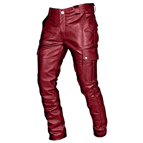 Modaworld Herren Lederhose Slim Fit Klassisch PU Faux Leder Biker Hose Mittlere Leibhöhe Schwarz Herrenhosen Bikerjeans Lederjeans Rockerhose Western Lederhose Lederhose an den Seiten Geschnürt von Modaworld