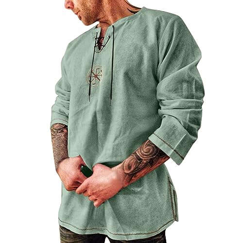 Modaworld Mittelalterhemd Herren Langarm Leinenhemd mit Schnürung Cosplay Oktoberfest Vintage Kostüm Hemden Gothic Wikinger Freizeithemd Urlaub Angeln Camping Leichte Bequem von Modaworld