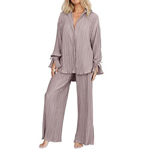 Modaworld Plissee Loungewear Set Damen 2 Teilig Button Down Bluse Langarm Hohe Taille Weites Bein Hosen Sets Hose mit Top Sommer Elegant von Modaworld