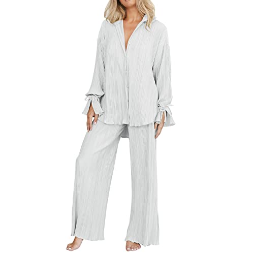 Modaworld Plissee Loungewear Set Damen 2 Teilig Button Down Bluse Langarm Hohe Taille Weites Bein Hosen Sets Hose mit Top Sommer Elegant von Modaworld