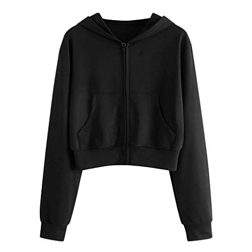 Modaworld Sweatjacke Damen Bauchfrei Kapuzenpullover Casual Kurz Sweatshirt mit Kapuze Hoodie Langarm Full-Zip Kapuzenjacke Einfarbig Cropped Jacke Leicht Baumwolle Pullover Herbst Übergangsjacke von Modaworld