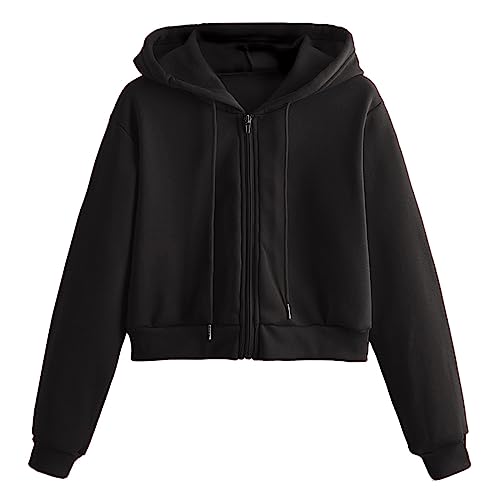 Modaworld Sweatjacke Damen Bauchfrei Kapuzenpullover Casual Kurz Sweatshirt mit Kapuze Hoodie Langarm Full-Zip Kapuzenjacke Einfarbig Cropped Jacke Leicht Baumwolle Pullover Herbst Übergangsjacke von Modaworld