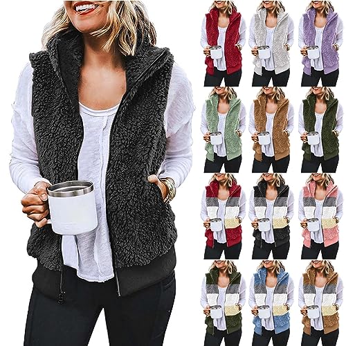 Modaworld Teddy Fleece Weste Damen Winter Warm Ärmellos Westen Casual Bequem Einfarbig Revers Plüsch Weste Kurz Reißverschluss Jacke Lose Fleeceweste Plüschweste Outwear Westen von Modaworld