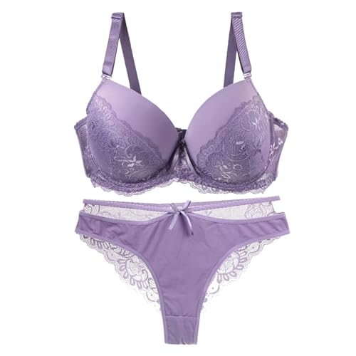 Unterwäsche Set BH und Slip Dessous Damen Spitze BH Unterhosen Set Bügelfreier BHS mit Verstellbaren Trägern Push-Up Büstenhalter ohne Bügel Große Größen von Modaworld