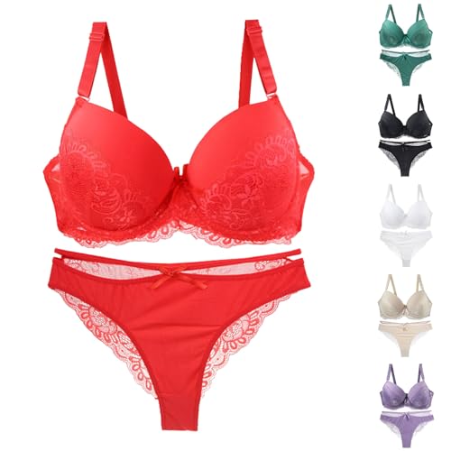 Unterwäsche Set BH und Slip Dessous Damen Spitze BH Unterhosen Set Bügelfreier BHS mit Verstellbaren Trägern Push-Up Büstenhalter ohne Bügel Große Größen von Modaworld