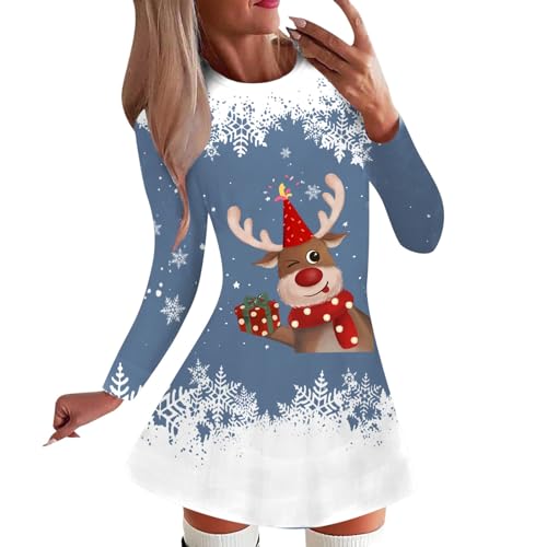 Modaworld Weihnachtskleid Damen Lustig Rentier Pulloverkleid Sexy Rundhals Minikleid Herbst Winter Kleider Langarm Kleid Weihnachtsfest Freizeitkleid von Modaworld