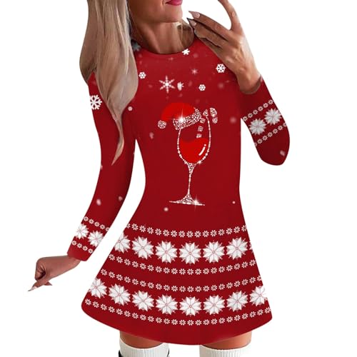 Modaworld Weihnachtskleid Damen Lustig Rentier Pulloverkleid Sexy Rundhals Minikleid Herbst Winter Kleider Langarm Kleid Weihnachtsfest Freizeitkleid von Modaworld