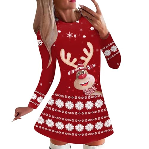 Modaworld Weihnachtskleid Damen Lustig Rentier Pulloverkleid Sexy Rundhals Minikleid Herbst Winter Kleider Langarm Kleid Weihnachtsfest Freizeitkleid von Modaworld